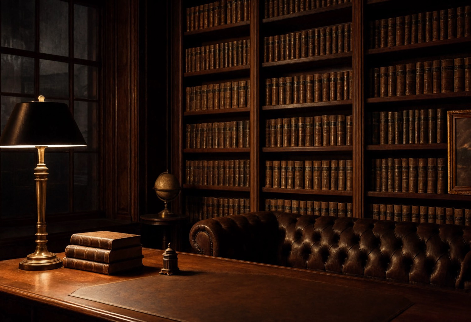 Ruang perpustakaan firma hukum dengan sofa kulit chesterfield, lampu kuningan, dan rak buku hukum